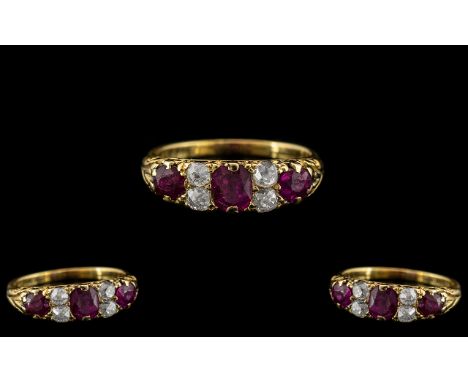 Late Victorian Period Superb and Attractive 5 Stone Ruby and Diamond Set Ring - Gallery Setting. The 3 Natural Rubies of Top 