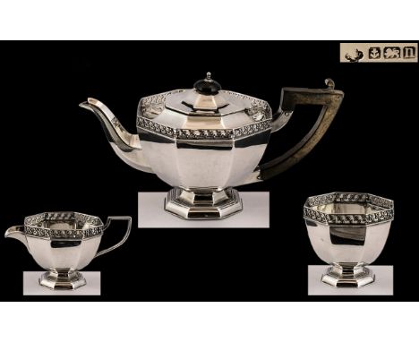 Edwardian Period Well Designed 3 Piece Singles Sterling Silver Tea-Service of Pleasing Proportions, with Open Worked Fleur-De