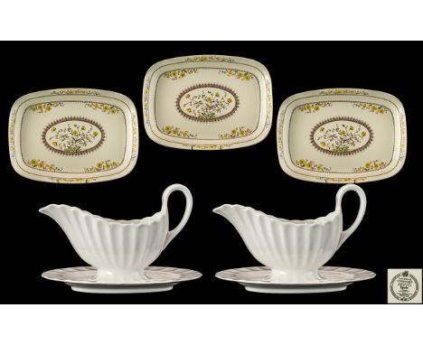 Two Spode Bone China White Fluted Gravy Boats &amp; Stands, together with three Imperial 'Oven to Tableware' Oblong Dishes, B