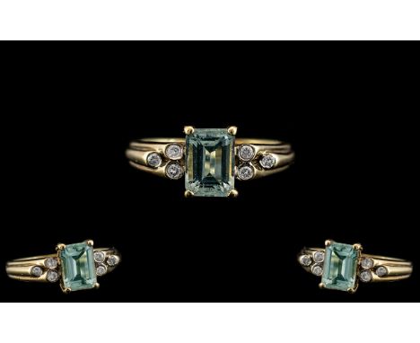 Ladies - 9ct Gold Attractive Aquamarine and Diamond Set Ring. Fully Hallmarked for 9.375. Marked 9ct to Interior of Shank. Th