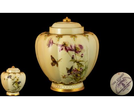 Royal Worcester Porcelain Co Hand Painted Blush Ivory Lidded Vase, Decorated with Painted Images of Summer Flowers to Body of