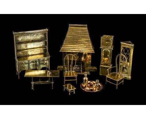 Collection of Vintage Brass Doll's House Furniture, including large fireplace, dresser, coffee tables, grandfather clock etc.