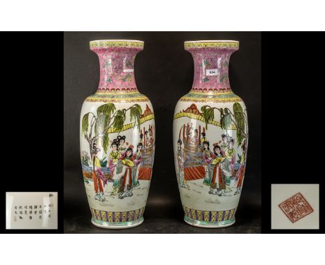 Pair of Large Chinese Vases. Famille Rose Decorated Depicting Maidens In a Garden Pavilion Setting. Approx 25 Inches High. Re