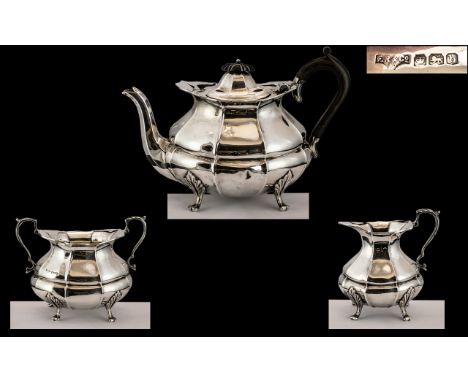 George V - Early Period Excellent Qulaity ( 3 ) Piece Sterling Silver Tea Service of Pleasing Form and Design. Hallmark for S