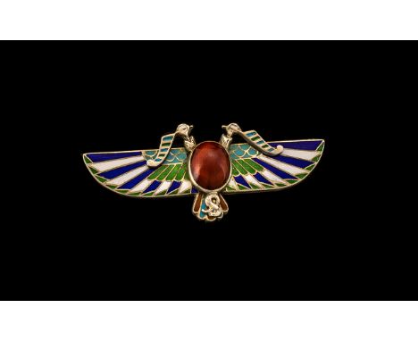 Egyptian Revival Art Deco Enamel Brooch, Set with Cabochon Cut Stone to Centre. In Excellent Condition, Including Enamel. App
