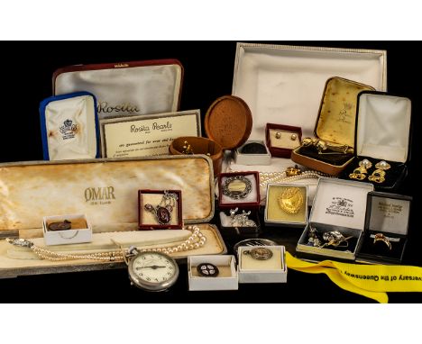 A Mixed Collection of Costume Jewellery, to include odd silver pieces, comprising cufflinks,  tie clips, brooches, chrome poc