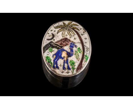 Silver Enamel Pill Box, the enamel decoration of a Middle Eastern scene; marked for silver