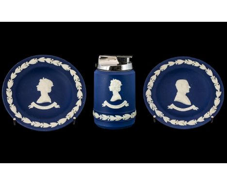 Wedgwood Blue Jasper Three Pieces of Silver Jubilee, comprising a Royal Silver Jubilee Table Lighter, a Round Sweet Dish of H