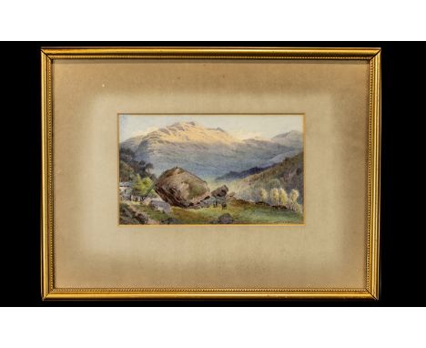 John Sowden Water Colour.  John Sowden born 1838-1926.  Water colour depicting large rock with townsfolk climbing up with lad