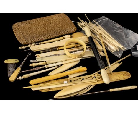 Large Collection of Antique Worked Ivory, to include page turner, button hooks, cut throat razor, pipe cleaner, scratcher, se