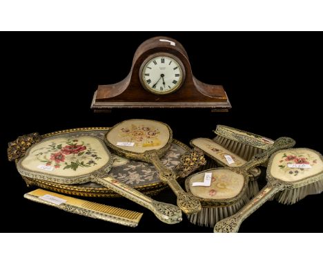 Small Mahogany Mantel Clock by Scanlan Preston, plus an eight piece, ladies dressing table set with lace decorations (9)