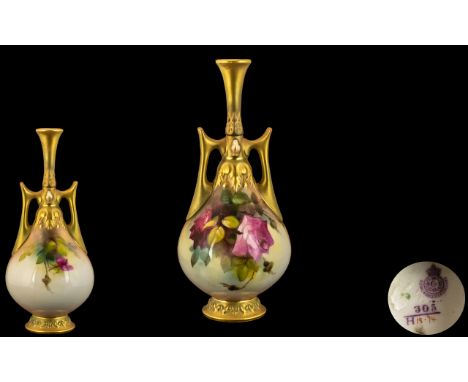 Royal Worcester Excellent Quality - Signed and Hand Painted Twin Handle Specimen Vase ' Roses ' Stillife. Date 1918 &amp; Sha