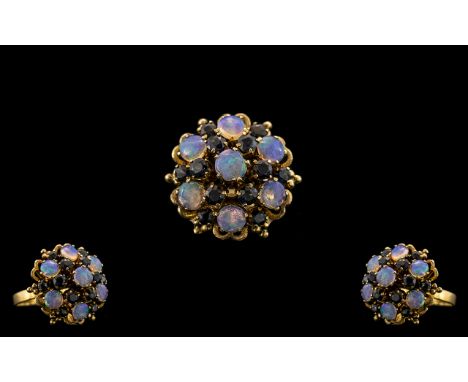 18ct Yellow Gold - Attractive Opal and Sapphire Set Dress Ring - Of Large Proportions In Flower head Setting. c.1970's. Super