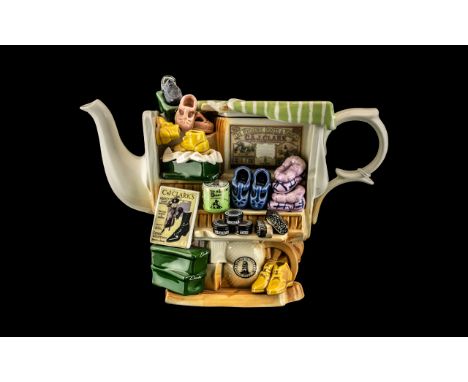 Cardew Design Novelty Teapot 'Shoe Market Stall' by Paul Cardew, hand made hand painted pottery novelty teapot, depicting sho