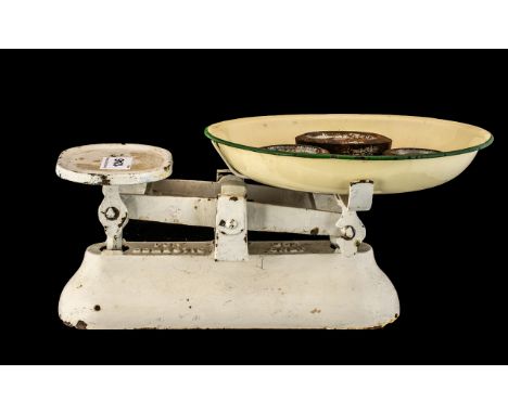 Set of Vintage Metal Domestic Scales with assorted weights. 
