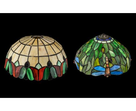 Two Tiffany Style Lamp Shades, one dragonfly design and one other, 10 inches (25cms) and 14inches (35cms) in diameter(2)