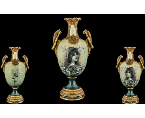 Austrian - Amphora Late 19th Century Superb Hand Painted Twin Handle Vase, The Central Section of Vase with Wonderful Hand Pa