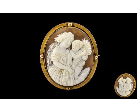 Victorian Period - 9ct Gold Mounted Large and Impressive Oval Shaped Shell Cameo, Depicting Well Carved Classical Mother and 