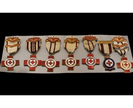 Collection Of 7 Enamelled Proficiency Red Cross First Aid Medals Five Named And Awarded To 1821 Elizabeth Martin, 02511 A Hol