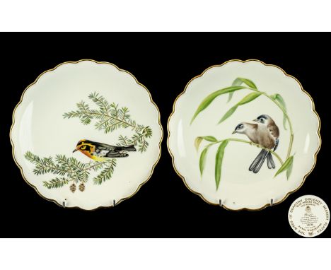 Royal Worcester Hand Painted Pair of Dorothy Doughty ' Flowers and Birds ' Cabinet Plates. 1/ Blue Winged Sivas and Bamboo, D