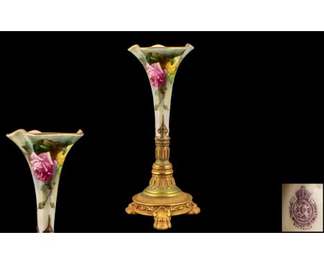 Royal Worcester Nice Quality Hand Painted - Signed Porcelain Tulips Shaped Vase ' Roses ' Stillife. Signed Kitty Blake. Date 