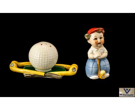 Goebel 1960's Hand Painted Novelty Cruet Set In the Form of a Golfer Boy and Large Golf Ball and Stand, In the Form of Crosse