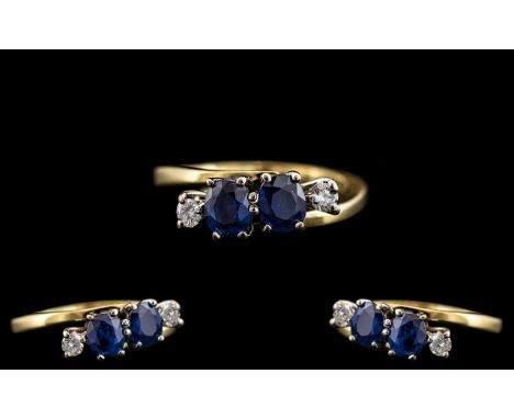 18ct Yellow and White Gold Diamond and Blue Sapphire Set Dress Ring - From the 1960's. Marked 18ct to Interior of Shank, The 