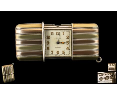 Movado Ermeto Chronometer Travel Watch c1928 Art Deco Watch With Silver Tricoloured Engine Turned Case, Square Dial With Arab