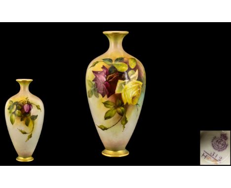 Royal Worcester Hand Painted Porcelain Signed Flower Vase of Tapered Form ' Roses ' Stillife. Signed W. Austin. Shape 312 &am