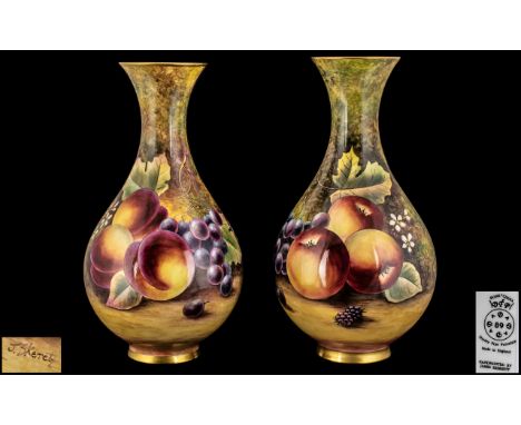 Durley Fine Porcelain - Superb Pair of Large Hand Painted Bulbous Shaped Fruit Vases, Each Vase Signed by Top Bx Royal Worces