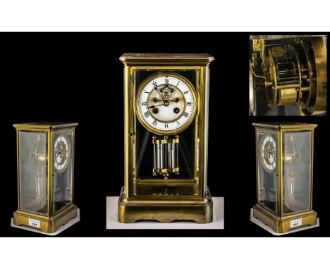 French - 19th Century Brass Four Glass Panel Striking Mantel Clock. c.1890. Features Twin Barrel Mercury Tubed Pendulum, Stri