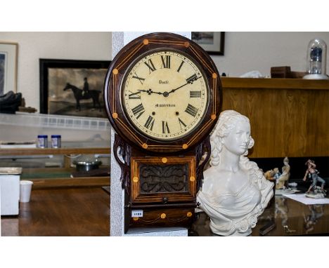 Jerome and Company American Drop Head Inlaid Walnut Wall Clock of traditional form with exposed pendulum and superior eight d