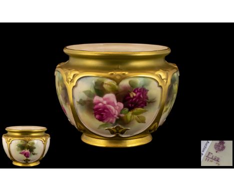 Royal Worcester Hand Painted Porcelain Footed Bowl. Beautifully Decorated with Painted Images of Roses to Each Panel with Emb