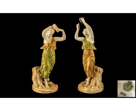 Royal Worcester Hand Painted Pair of Female Musical Figures, Each Playing a Tambourine and Cymbals, Each by A Tree Stump. Dat