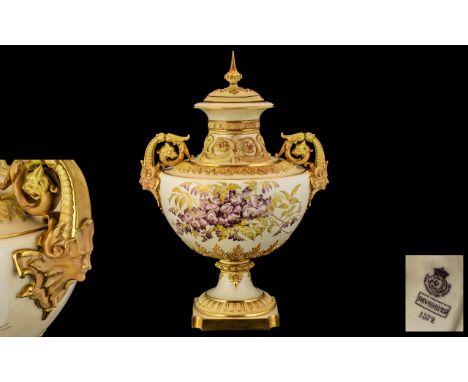 Royal Worcester Huge and Impressive Hand Painted Twin Mask Handled Lidded Urn Shaped Vase of Majestic Proportions / Form. Bea