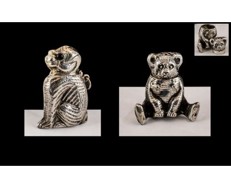 A Pair of Novelty Sterling Silver Vesta Cases In the Form of a Teddy Bear and Large Dog. Both Marked 925 Silver. Height of Do