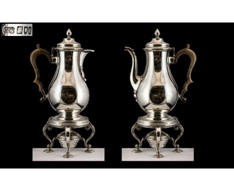 Antique Period Superb Sterling Silver Pair of Matching Teapot and Coffee Pot, Each with Heavy Ornate Stands with Burners of I