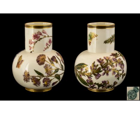 Royal Worcester Pair of Hand Painted Porcelain Vases of Pleasing Form and Proportions. Each Decorated with Naturalistic Paint