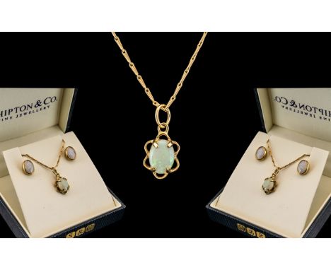 Ladies 9ct Gold Attractive Opal Set Pendant and Matching Pair of Earrings. The Pendant Attached to a Long 9ct Gold Fancy Chai