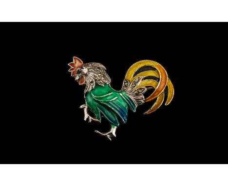 BJL Silver Marcasite and Enamel Brooch In Form of A Cockerel. Lovely Quality Enamel Brooch, Wonderful Detail, Hallmarked BJL 