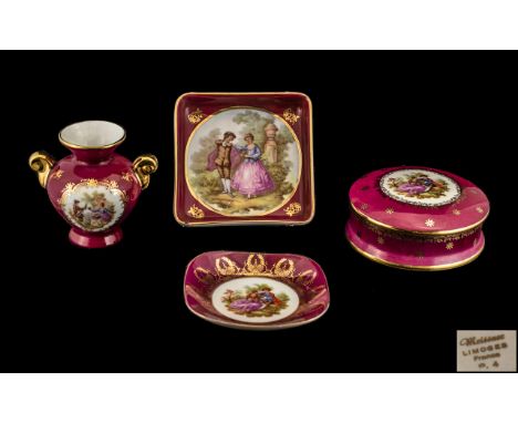 Limoges of France Porcelain comprising a pin tray, a lidded trinket box, a small 3'' vase, and a square dish.