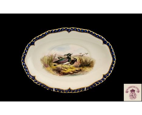 Royal Worcester Vitreous Hand Painted Oval Shaped Shallow Dish. The Central Panel with Painted Scene of Two Birds In a Marsh 