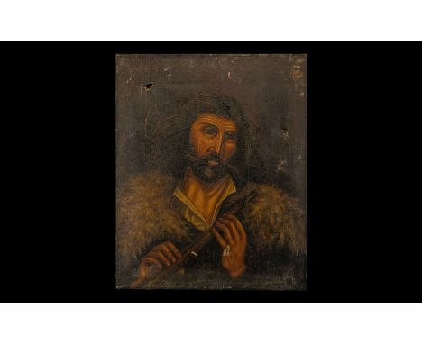 Antique Oil on Canvas, gypsy man playing a flute whilst looking deep in thought; 18th/19thC; 22 inches (55cms) x 27 inches (6