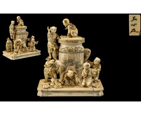 Japanese - Fine Quality Tokyo School Meiji Period 1864 - 1912 - Okimono Carved Ivory Figure Group, Depicting a Group of Small