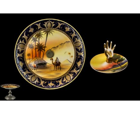 Noritake Fruit Comport on a Shaped and Engraved Pedestal Base, The Comport Finely Decorated with a Desert Scene with a Raised