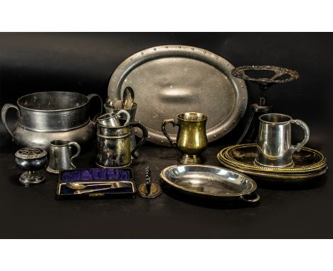 Collection Of Silver Plated &amp; Metal Ware To Include Oval Planished Pewter Tray, Tankards, Flatware etc