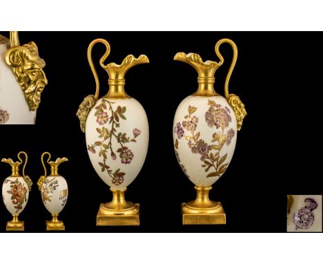 Royal Worcester Fine Pair of Hand Painted Twin Mask Handle Ewer's / Jugs. Each Decorated with Painted Images of Summer Flower