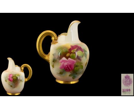 Royal Worcester Hand Painted Porcelain Helmet Shaped Jug ' Roses ' Stillife. Date 1911 &amp; Shape No 1094. Height 5.5 Inches