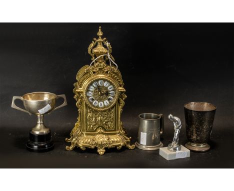 Reproduction Cast Brass Mantel Clock with enamel dial and modern movement (working at time of cataloging ) 14 inches (35cms) 