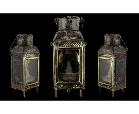 Large Antique Carry Oil Lamp. Antique Oil Lamp Sitting on 4 Feet, Has Carry Handle, Original Glass Undamaged, Made from Steel